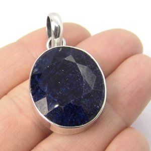 Sapphire Solitaire Oval Sterling Silver Pendant 1.0"